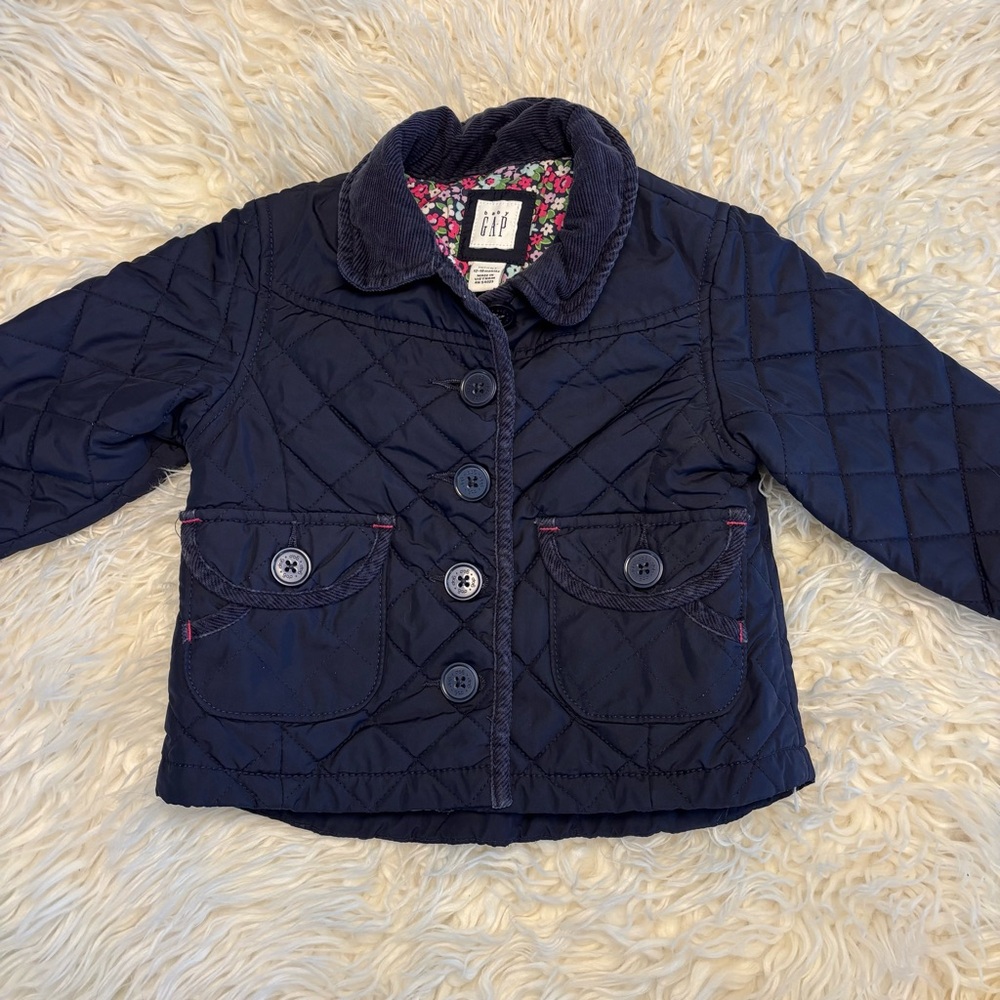 GAP adorable girls Dark Blue Quilted Puffer Jacket with floral interior